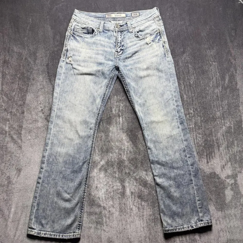 BKE Aiden Boot fit Jeans Mens 31x32 Blue Light Wash Distressed Stretch Denim